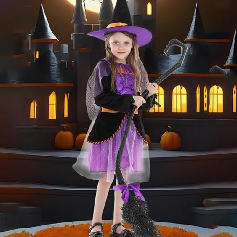 Costume da strega per bambini della parata di Halloween con mantello scintillante